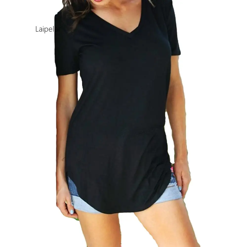 

Women's T-shirt Summer Plus Size Tee Basic Shirts Women Solid V Neck Short Sleeve Long Casual Female Plus Size Femme Tops