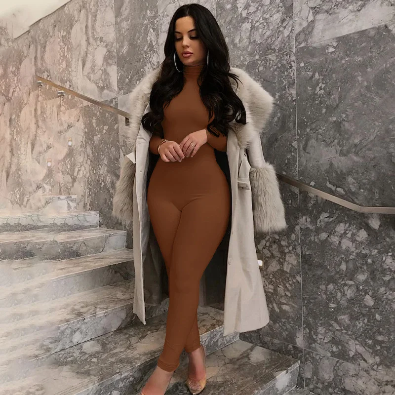 Winter Sexy Leotard Jumpsuit Long Sleeve Brown One Piece Set Solid Color 2021 Elegant Women Wear Jumpsuit Yoga Sports Fitness