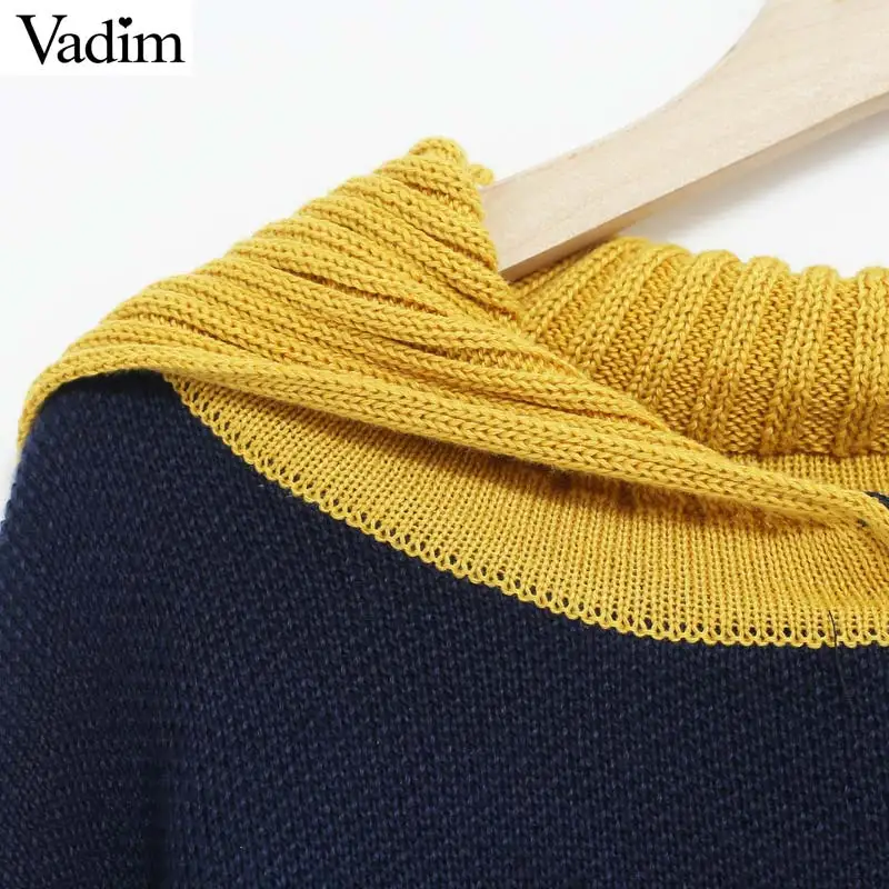 Vadim Женский вязаный свитер с капюшоном в стиле пэчворк большой размер длинный