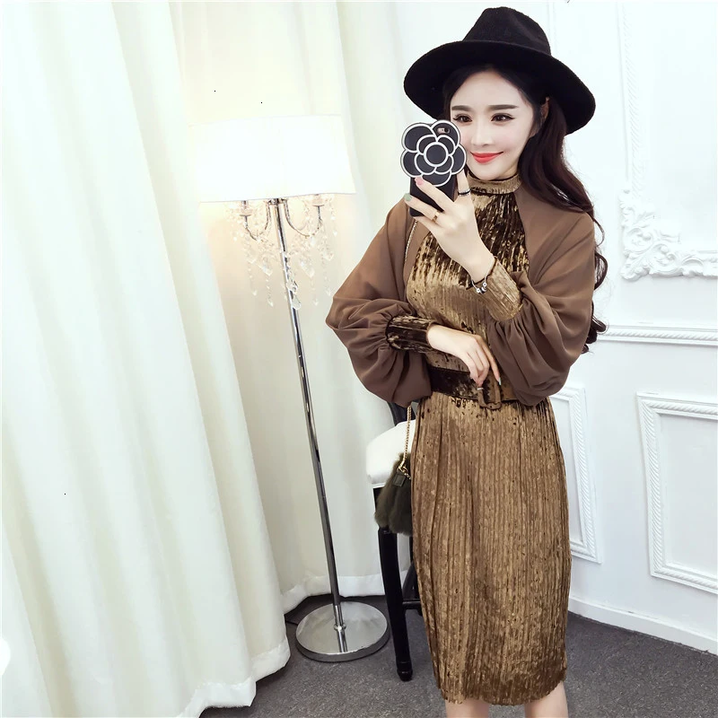 Nieuwe Herfst Jurk Hoge kwaliteit модный дизайнер для подиума Fluwelen jurk шифон lantaarns mouw goud fluwelen