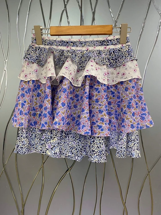 

2021 new women fashion elastic waist decoration layer by layer color matching printed lotus leaf skirt skirt 622