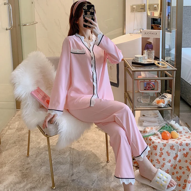 

Spring and Autumn Pajamas Women's Lace Long-Sleeved Ice Pink Homewear Suit Cardigan Simple Artificial Silk Summer Winter