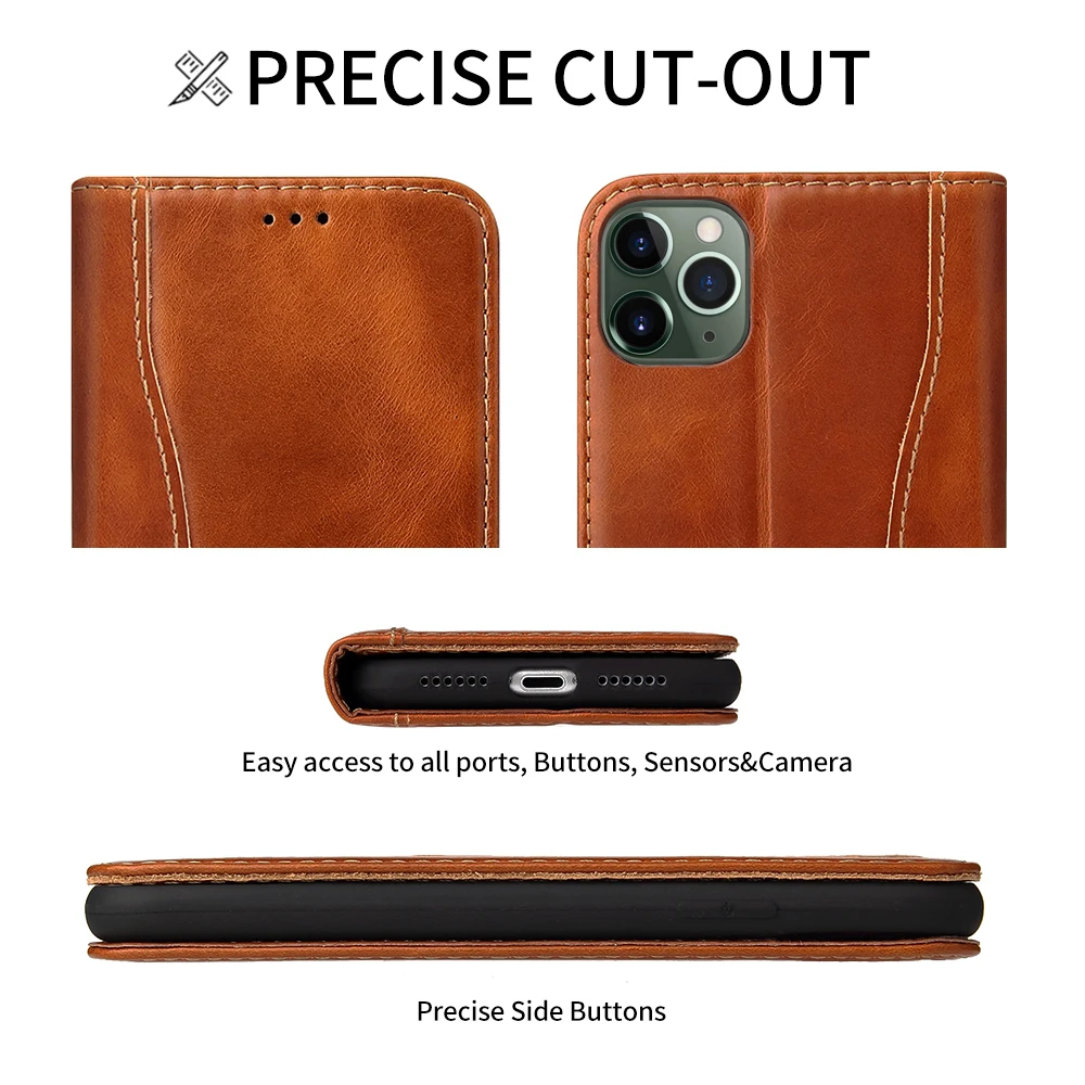 

Fierre Shann Luxury Business Genuine Leather Case For iPhone 12 mini 11 Pro XR XS Max Card Slot Holder Stand Flip Phone Cover
