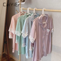 caiyier cotton pajamas suit summer short sleeve sexy lace contracted women sleepwear turn down collar pure cardigan nightwear