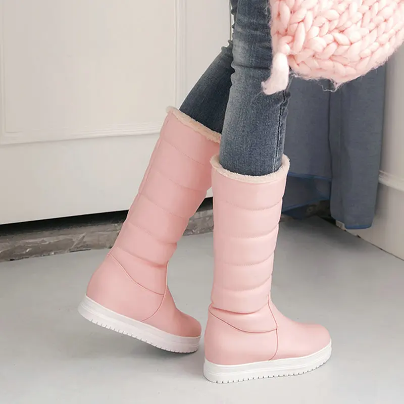 Pink Calf boots Зимние теплые плюшевые сапоги до колена женские удобные зимние сапоги на плоской подошве женские высокие сапоги без застежки на платформе черные, розовые, белые - Цвет: Pink Calf boots