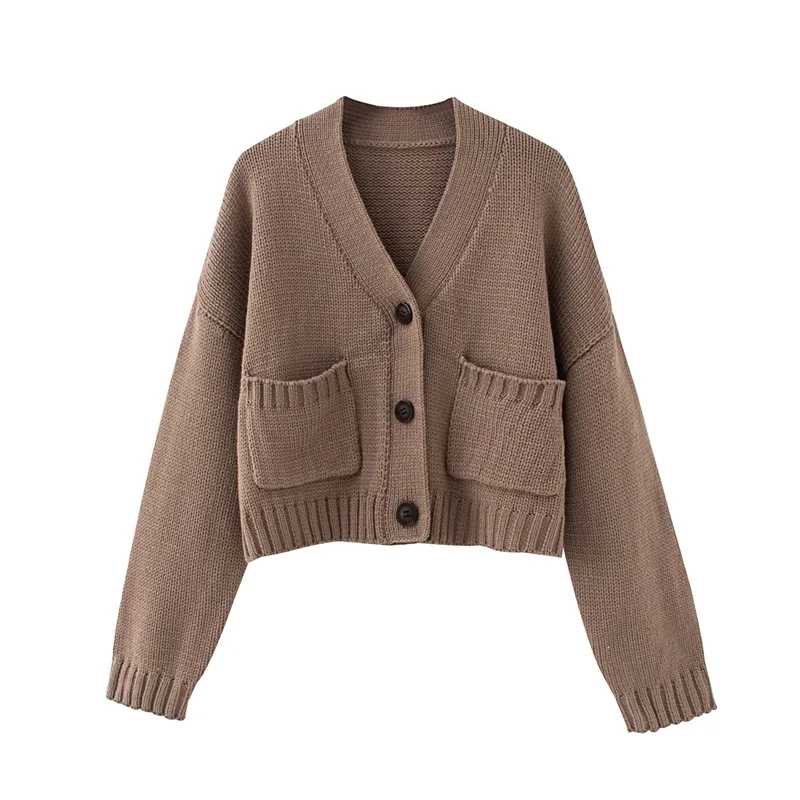 

MESTTRAF Women 2021 Fashion Single Breasted Cropped Knit Cardigan Sweater Vintage Long Sleeve V Neck Pocket Outerwear Streetwear