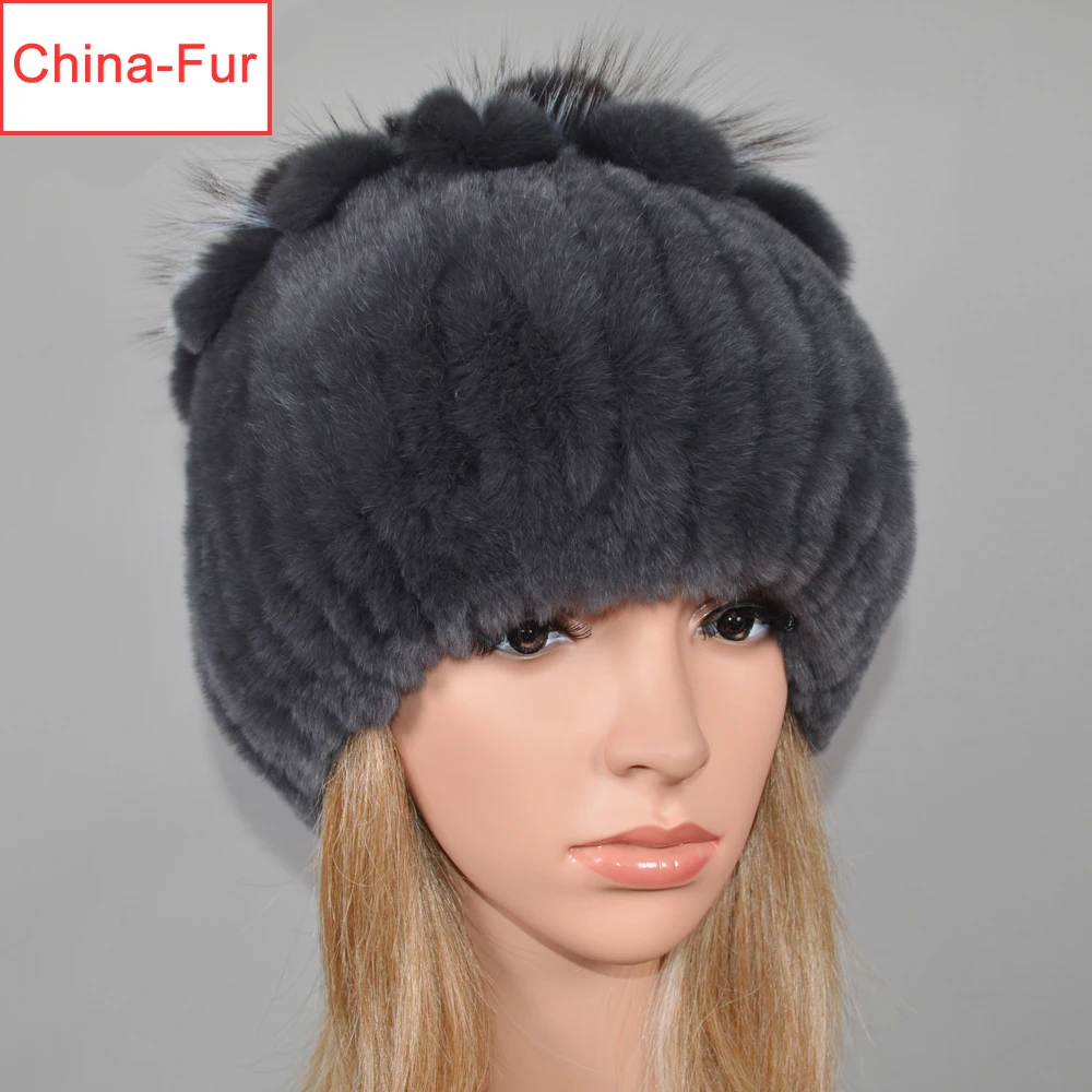 Женская зимняя трикотажная Шапка бини с цветком из лисьего меха|Женские Skullies и