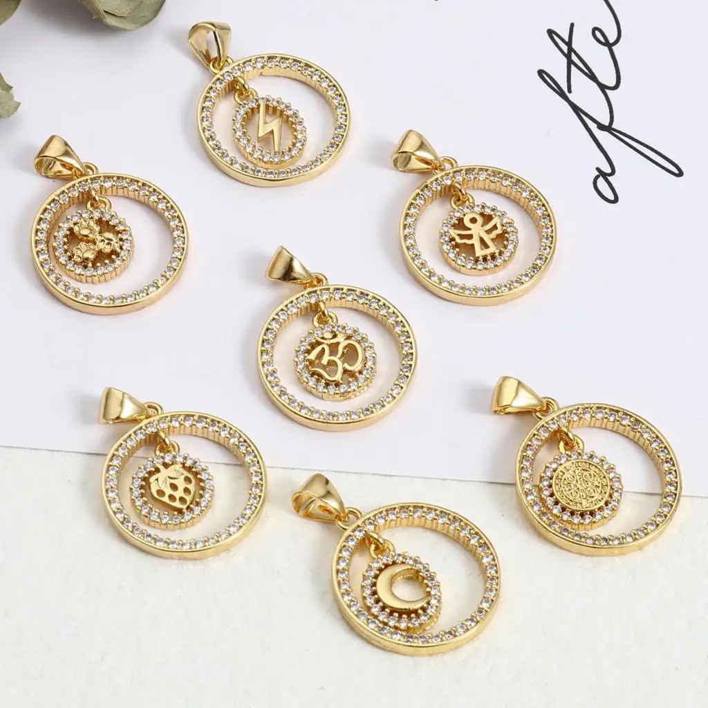 

Copper Micro Pave Charms Gold Color Metal White Round Rhinestone Pendants DIY Making Necklace Jewelry Gifts 26mm x 18mm,1PC