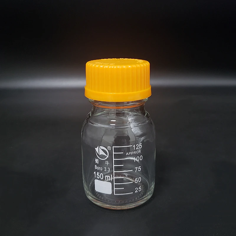 Reagent bottle,With yellow screw cover,Borosilicate glass 3.3,Capacity 150ml,Graduation Sample Vials Plastic Lid