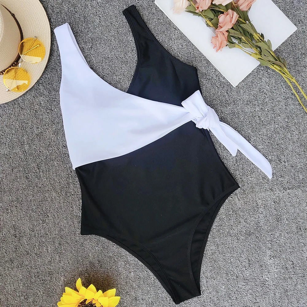 

Sexy Swimsuit Women One Piece Black White Swimwear Slimming Bodysuit Female Bathing Suit Wide Strap Deep V-Neck Beach Wear