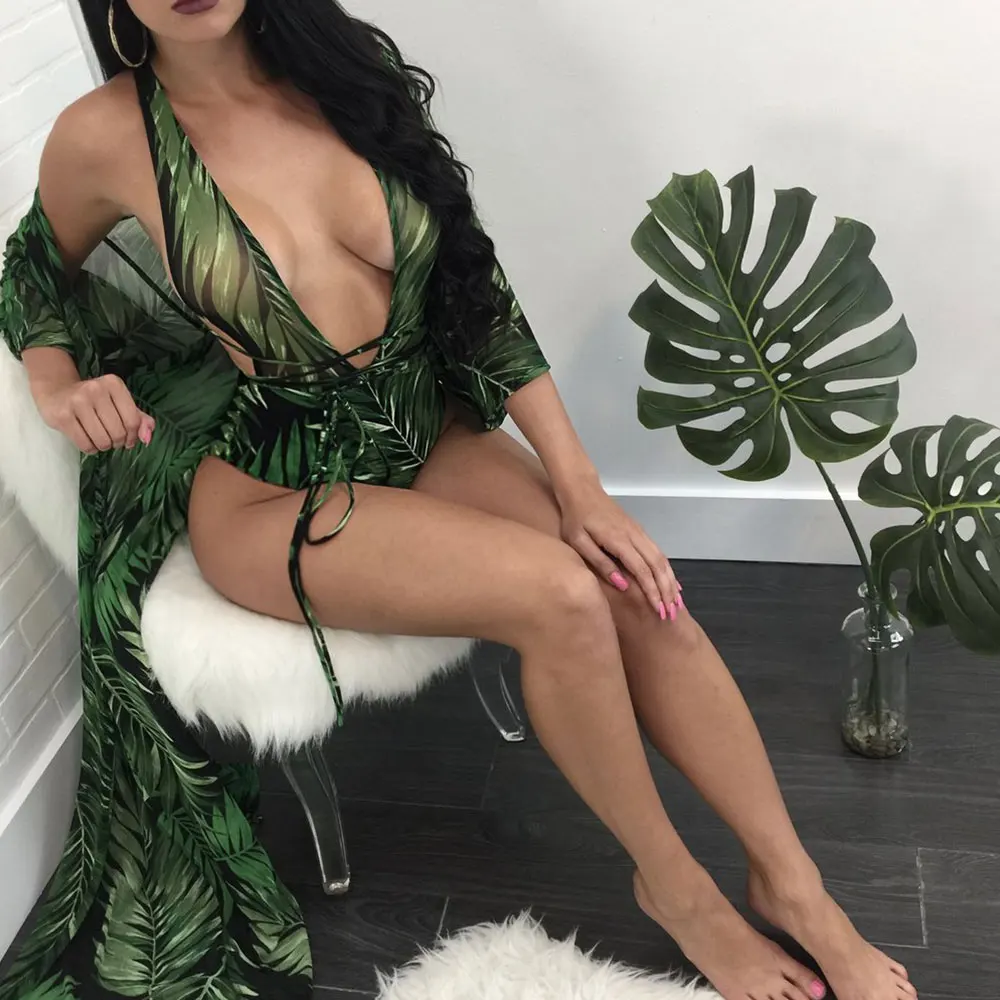 Новая накидка с принтом листьев и цельный сексуальный купальник глубоким