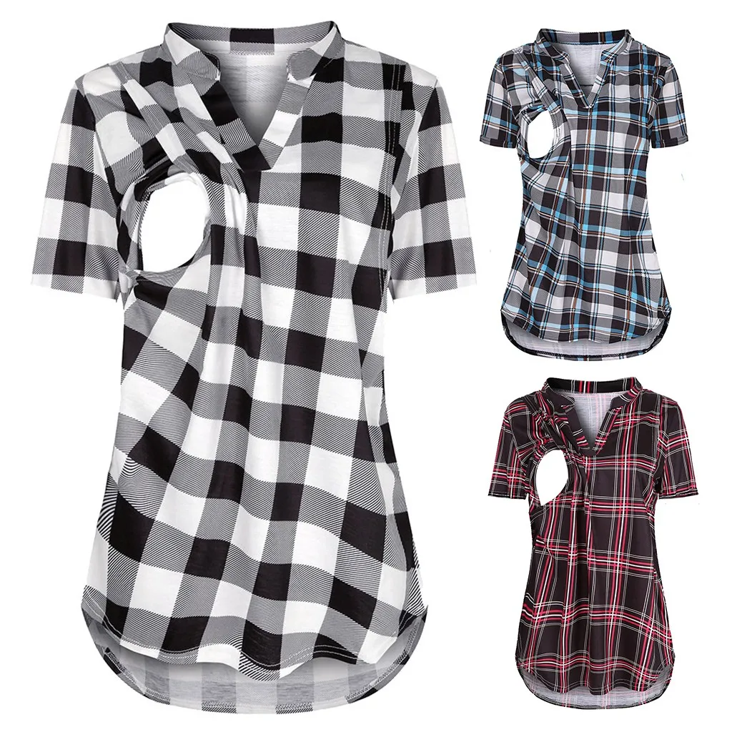 

LONSANT Pregnancy Clothes Short Sleeve Plaid Print Nursing Tops For breastfeeding lactancia ropa Maternity Clothes New Drop Ship