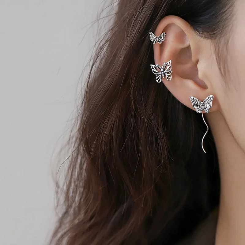 

FMILY Retro Cute Butterfly 925 Silver Needle Stud Earrings Fashion Asymmetrical Non-pierced Jewelry for Girlfriend As A Gift