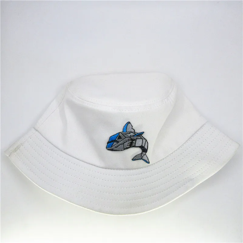 

2020 new style Cartoon robot shark embroidery Bucket Hat Fisherman Hat outdoor travel hat Sun Cap Hats for men and Women 362