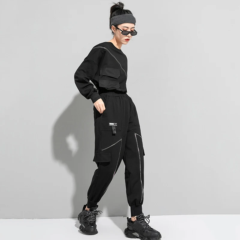 

[EAM] High Elastic Waist Black Line Long Harem Trousers New Loose Fit Pants Women Fashion Tide Spring Autumn 2021 1DD5761