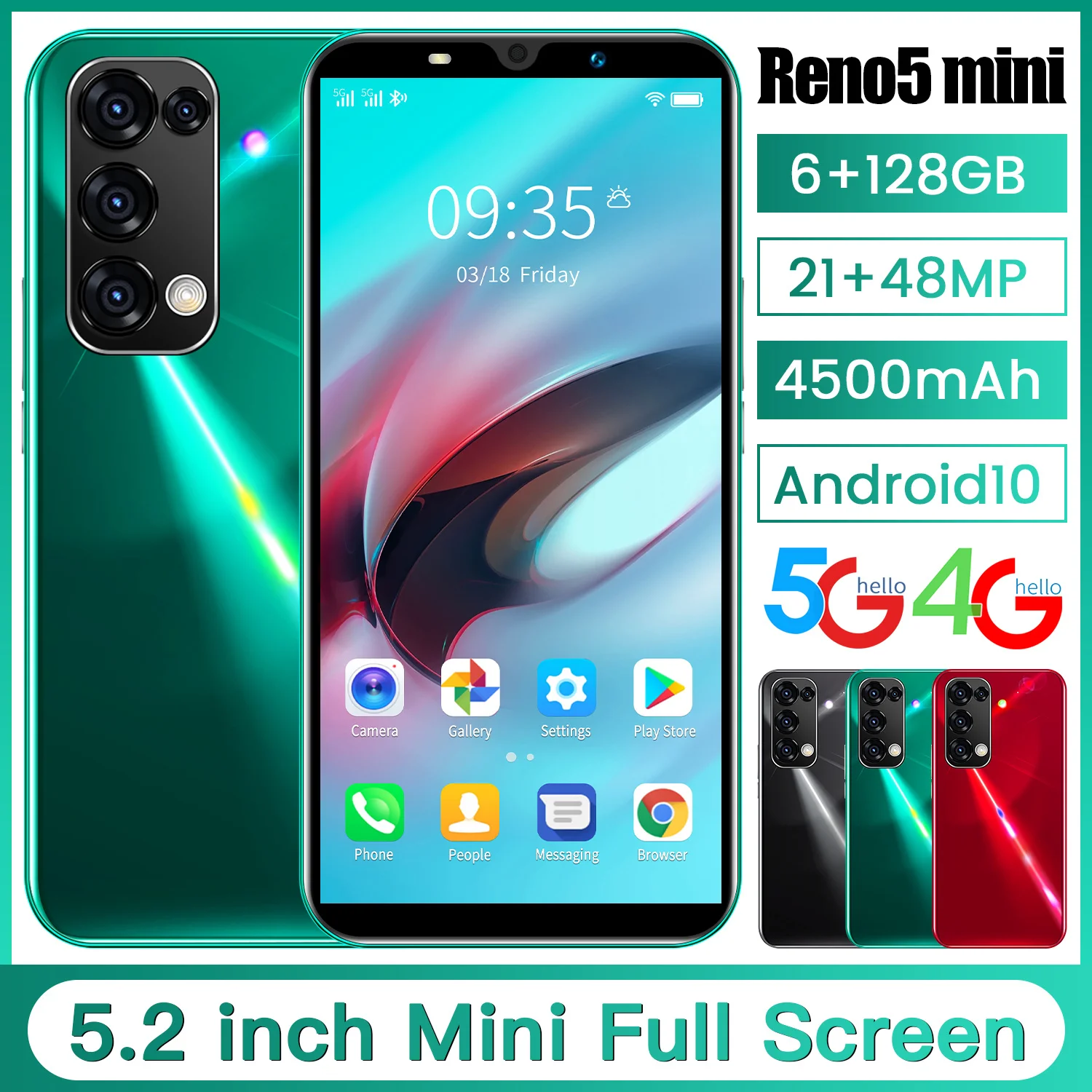 

2021 Hot Sale Galxy Reno5 Mini 21+48MP Cellphone 5.2 Inch Full Screen 10 Core Mobilephone 4500mAh 5G LTE Dual SIM Smartphone