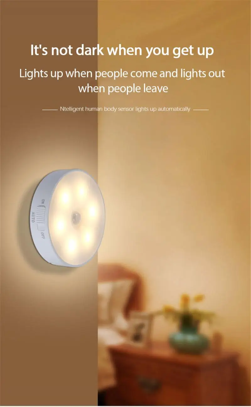 Wall Lamp 6 LEDs PIR Motion Sensor Night Light Auto On / Off For Wireless Energy-saving Bedroom Cabinet Body Induction | Электроника