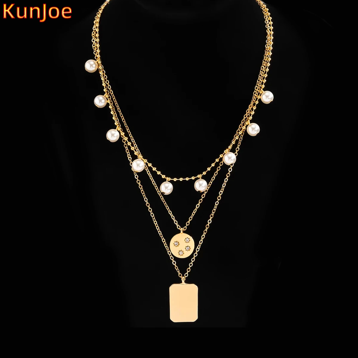 

KunJoe Vintage MultiLayer Metal Square Pendant Necklace Elegant Female Imitation Pearls Choker For Women Bohemia Jewelry Gifts