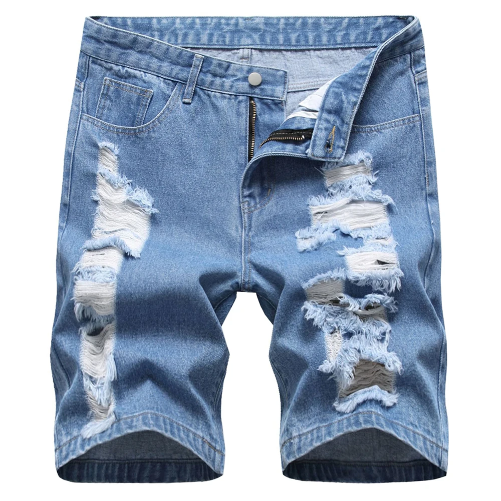 

Men's Summer Holes Ripped Denim Shorts Casual Knee Length Beggar Breeches Blue Distressed Jeans