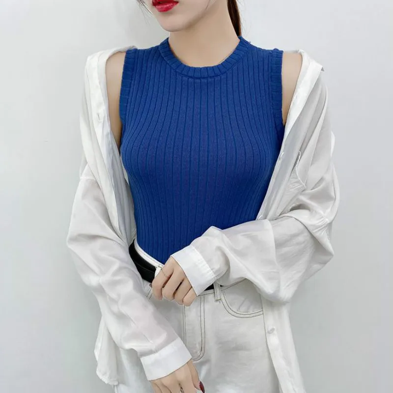 

Aurkrrvn Women Summer Vest Crop Solid Rib Knitted Tank Tops for Women O Neck Sleeveless Club Basic Vest Female Slim Streetwear