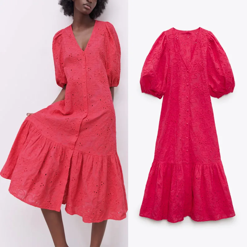 

Женское платье-миди с ажурной вышивкой ZA, красное винтажное плиссированное платье с воланами, Длинное свободное платье на пуговицах, лето ...