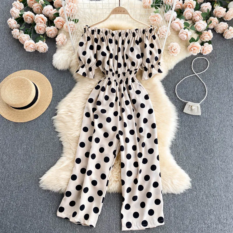 

ZCWXM летние женские комбинезоны в французском горошек Комбинезоны с воротником-лодочкой эластичные комбинезоны с рюшами милые пикантные Дл...