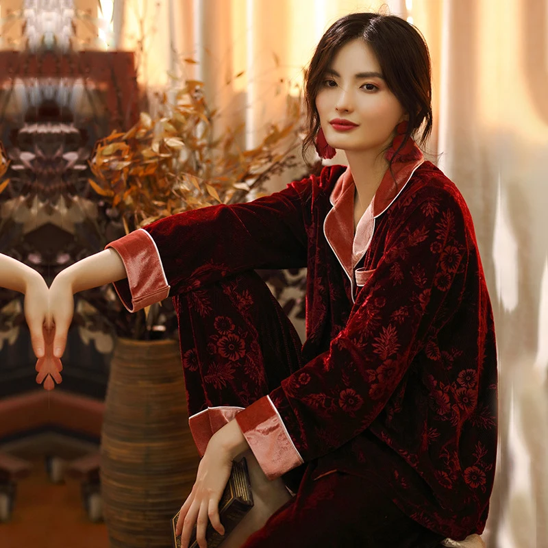 2019 новые осенние и зимние женские бархатные пижамы в стиле ретро с золотым