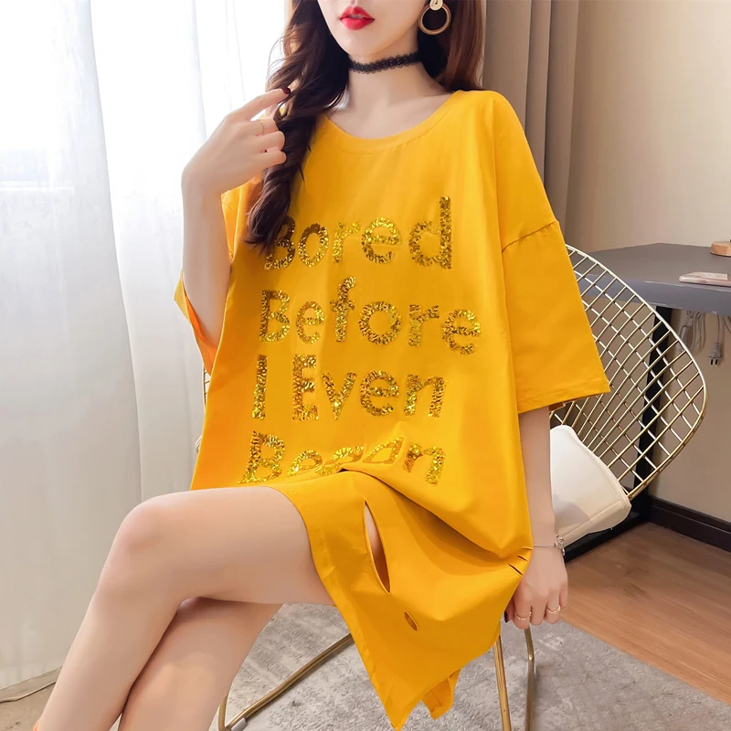 #0708 желтая черная белая женская футболка с блестками свободная уличная одежда в