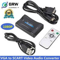 1080p vga to scart video audio converter adapter digital video audio tv signal conversor with remote control power vga cables