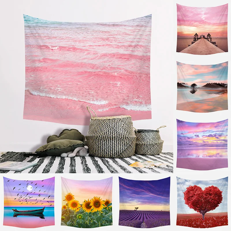 

Nice Scenery Wall Hanging Carpet Landscape Tapestry Pink Sea Beach Cloth Mat Purple Lavender Sunflowers Blanket Home Decoration