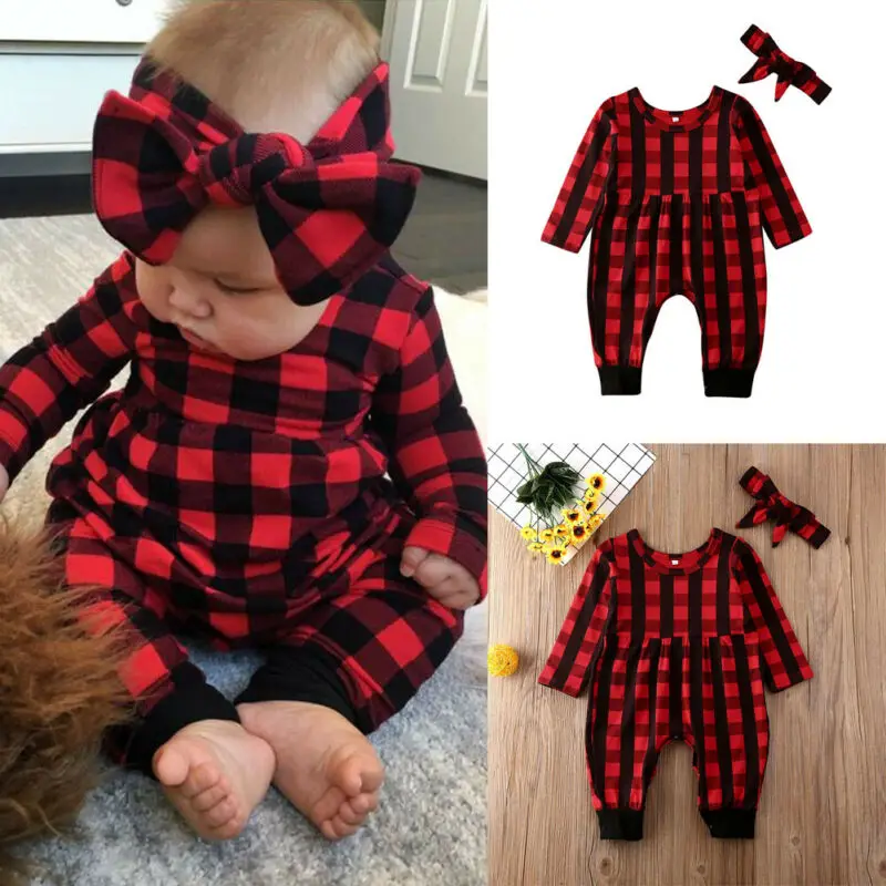 

Newborn Kid Baby Girl Plaid Romper Jumpsuit Bodysuit+Headband Clothes Outfit Set