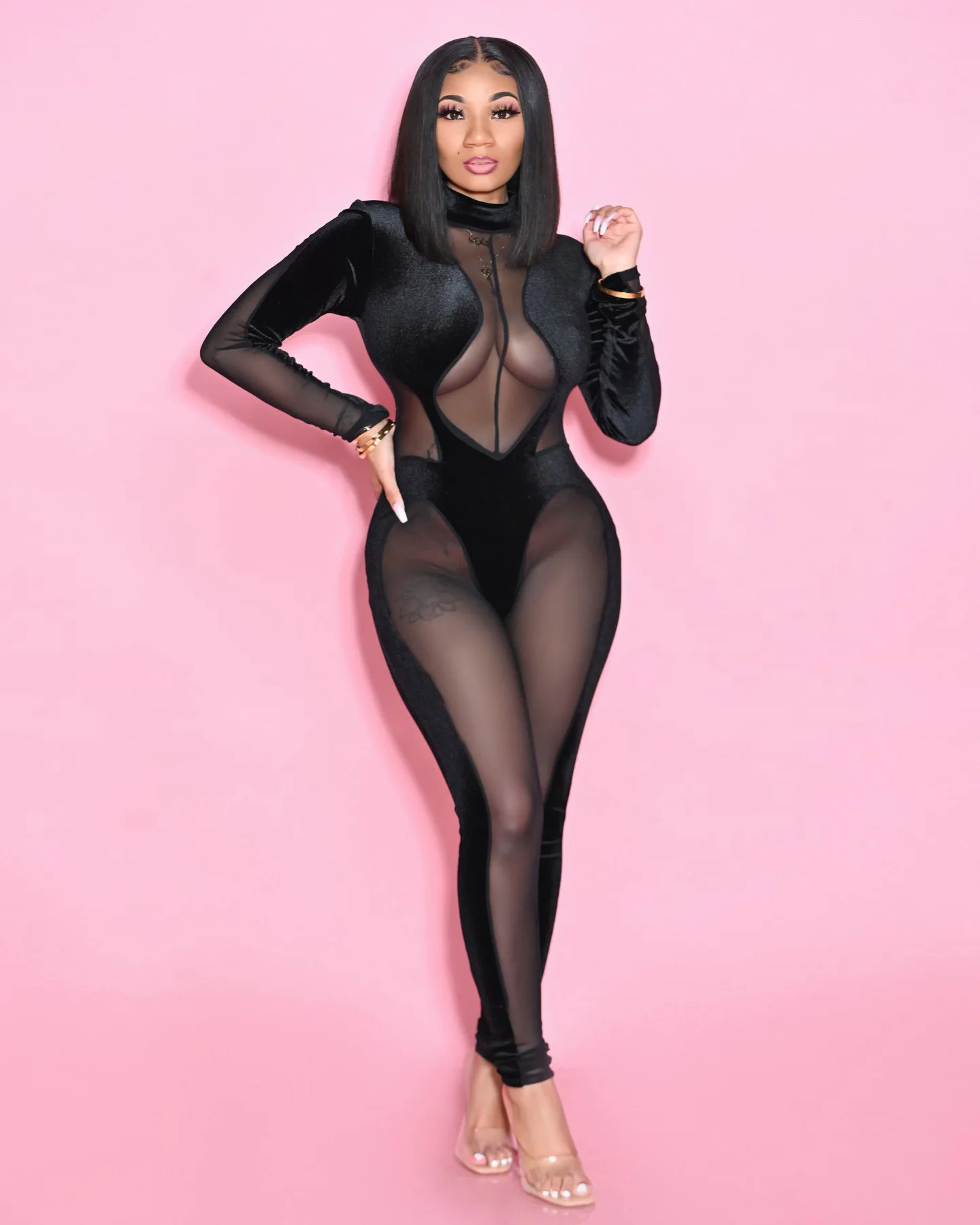 

Jumpsuit Women Autumn and Winter Sexy Gold Velvet Stitching Mesh Slim Jumpsuit Trousers