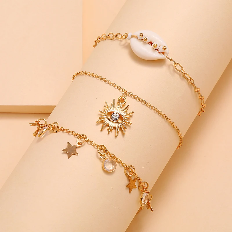 3 Pcs/Set Retro Women Anklets Eyes Sun Flower Shell Beads Stars Crystal Tassel Pendant Gold Anklet Barefoot Beach Party Jewelry | Украшения