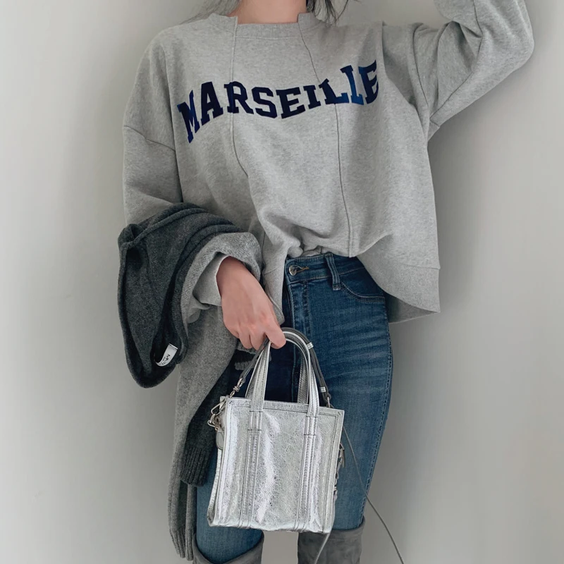 

Chic Spring New Fashion Irregular Neckline Craft Letter Ptintted Simple Casual Loose Wild Long-sleeved Pullover Sweashirt Women