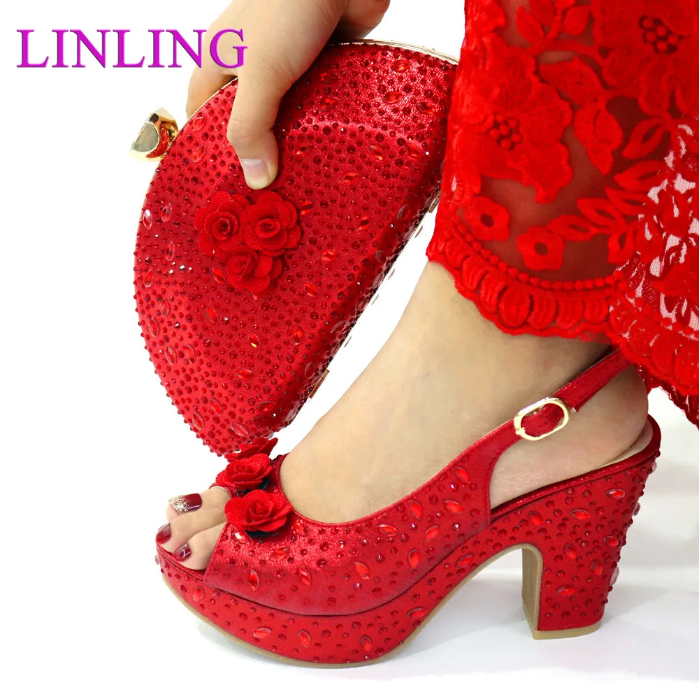 Lastest Italian Design 2021 Flower Slippers Fashion Red Color Crystal Unqie Style Ladies Shoes and Bag Set for Party Wedding