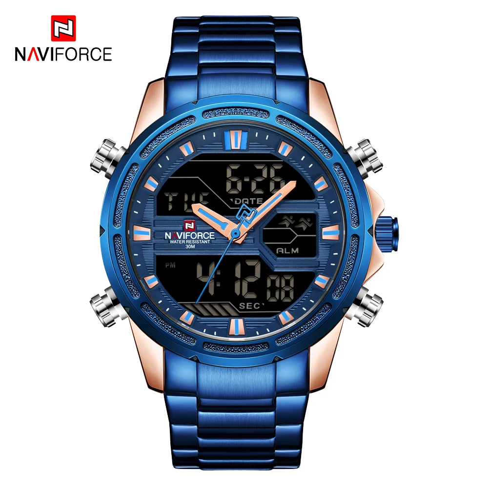 NAVIFORCE Мужские кварцевые светодиодный цифровые часы мужские синие полностью стальные военные наручные часы мужские водонепроницаемые часы
