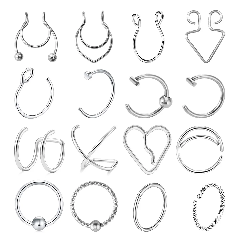 

16PCS Surgical Steel Body Jewelry Fake Nose Rings Lip Ring Ear Cuff Clip on Earrings Septum Cartilage Daith Tragus Fake Piercing