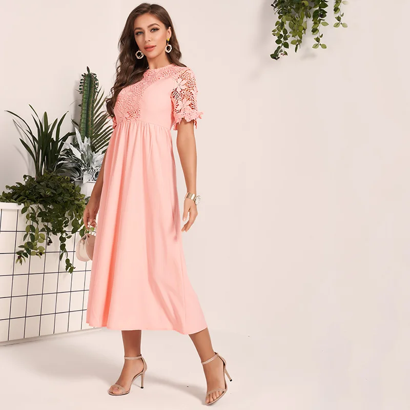 

MakFound 2021 New Women Summer Pink Patchwork Hollow Out Guipure Lace Insert Fit Flare High Waist Wedding Evening Midi Dress