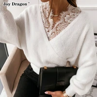 tops blouse sweaters lace loose winter women clothes long sleeve pullover solid color plush flannel v neck autumn 2021 shirts