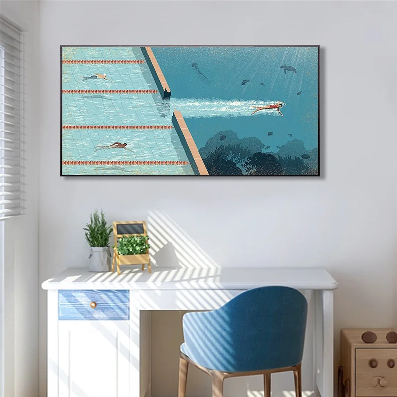 

Comfort Zone Blue Ocean Swimmer Canvas Print Painting Nordic Abstract Wall Art Poster Modern Decorative Pictures for Living Room