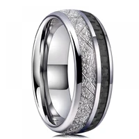trendy mens stainless steel ring inlay meteorite black carbon fiber ring silver color polished finish mens wedding band