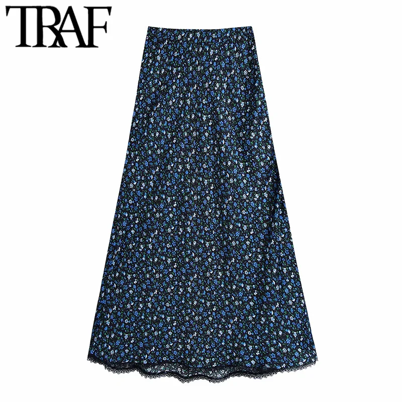 

TRAF Women Fashion With Lace Trim Floral Print Midi Skirt Vintage High Waist Side Zipper Female Skirts Mujer