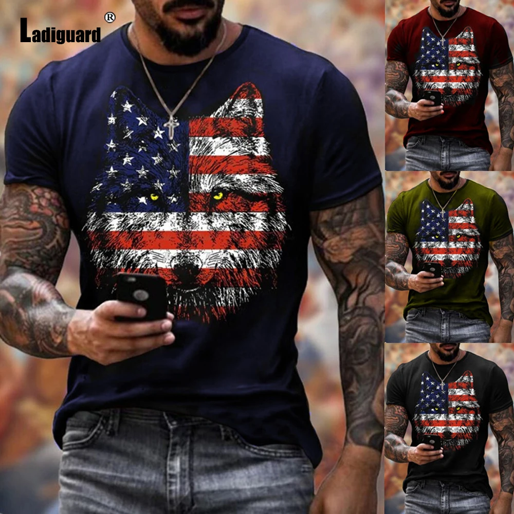 

Ladiguard Sexy Mens clothing American Wolf Print T-shirt Trend 2021 New Summer Casual Top Pullovers Plus Size 3xl Men Tees Shirt