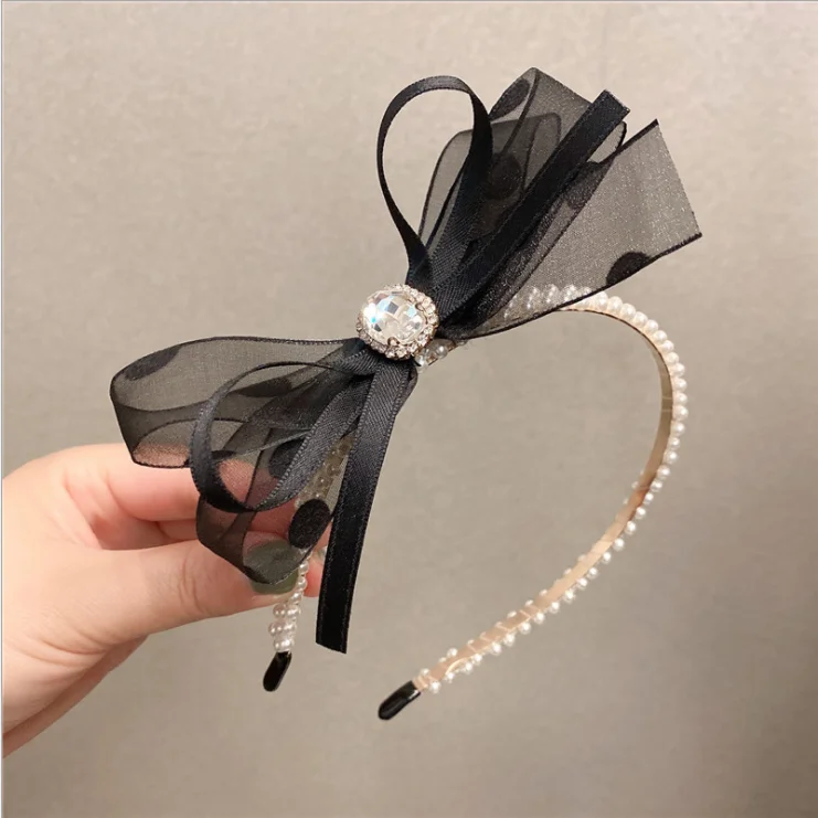 

bow knot inlaid rhinestone pearl hairbands simple letter wide lace female headdress