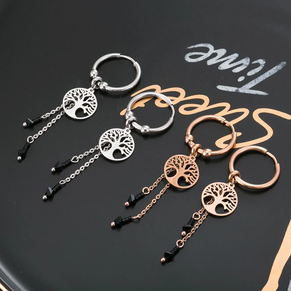

Gold Stainless Steel Black Crystal Tassel Hoop Earrings For Women Tree of life Charm Long Earrings Fashion Jewelry Party Gifts