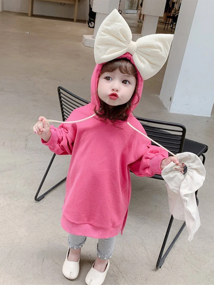Осенне зимний длинный свитер для девочек пуловер с капюшоном и бантом платье