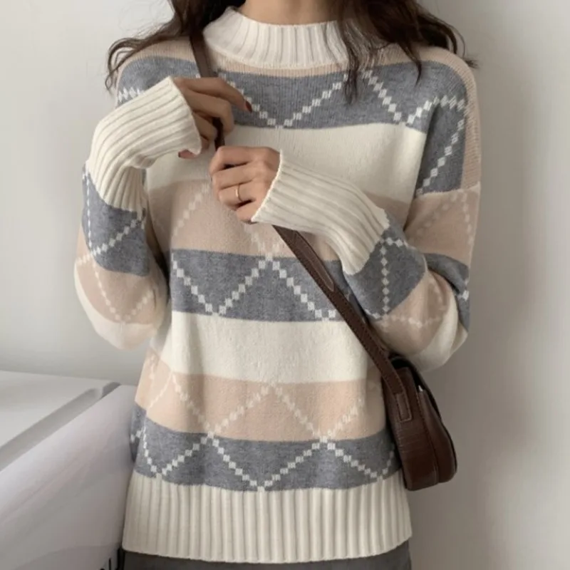 

Свитер Женский Повседневный с длинным рукавом, пуловер с ложным воротником, вязаный Топ, цветные Джемперы в полоску, в стиле пэчворк, на осень