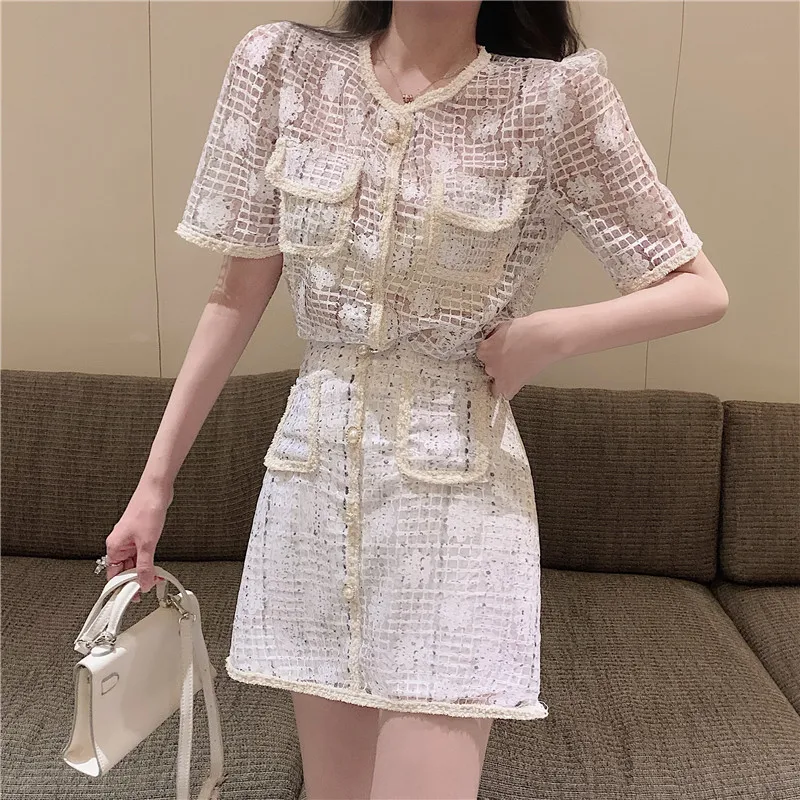 

Lace Floral Two Piece Mini Skirt Sets Shirt Vintage Single-Breasted Waist Plaid 2021 Summer Sweet Women Outfits Elegant O-Neck