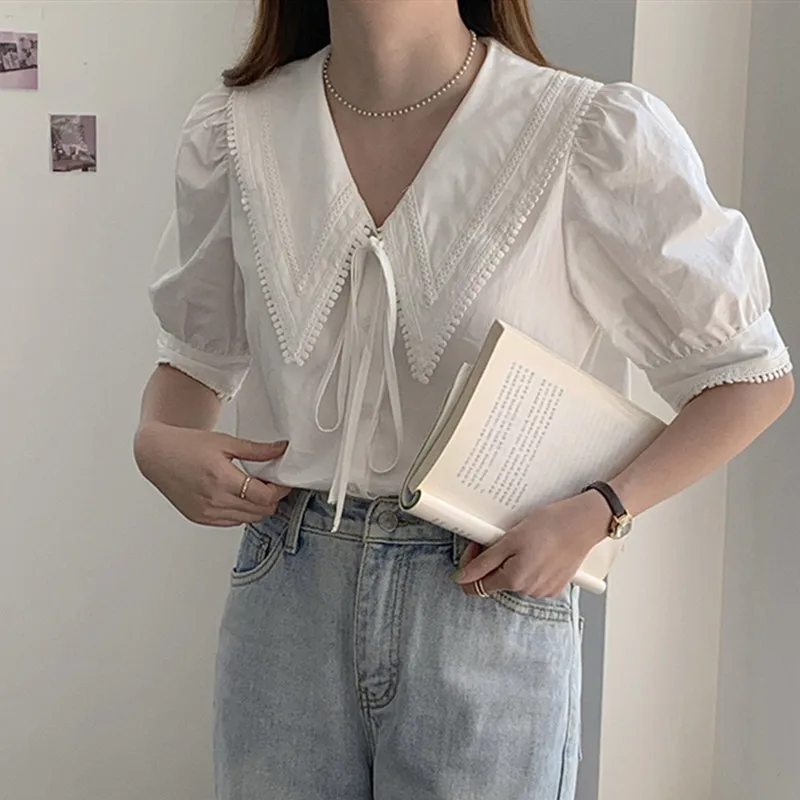 

HziriP Vintage 2021 Gentle Solid Color Design Spliced Turn Down Collar Short-Sleeved Shirt Ladies All-Match Casual Lace Shirt