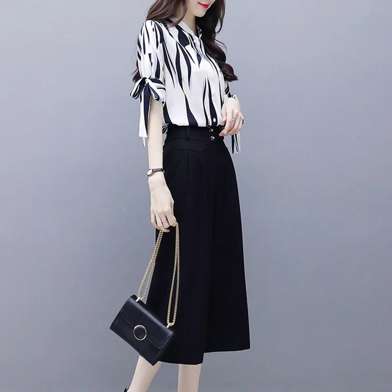 

Женская 2020 летняя Корейская шифоновая рубашка Большие широкие брюки костюм из двух предметов